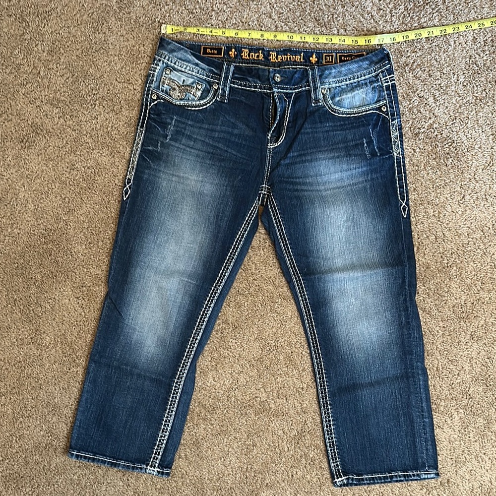 Rock Revival Blue Ankle Cropped Jeans with Distressed Details